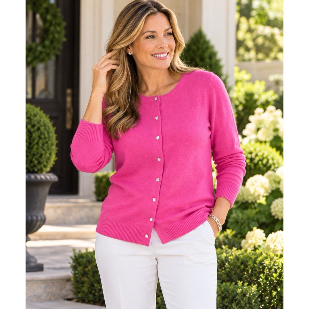 Daniel Bishop Size 3X Pink 100% Cashmere Cardigan Sweater Rhinestone Buttons